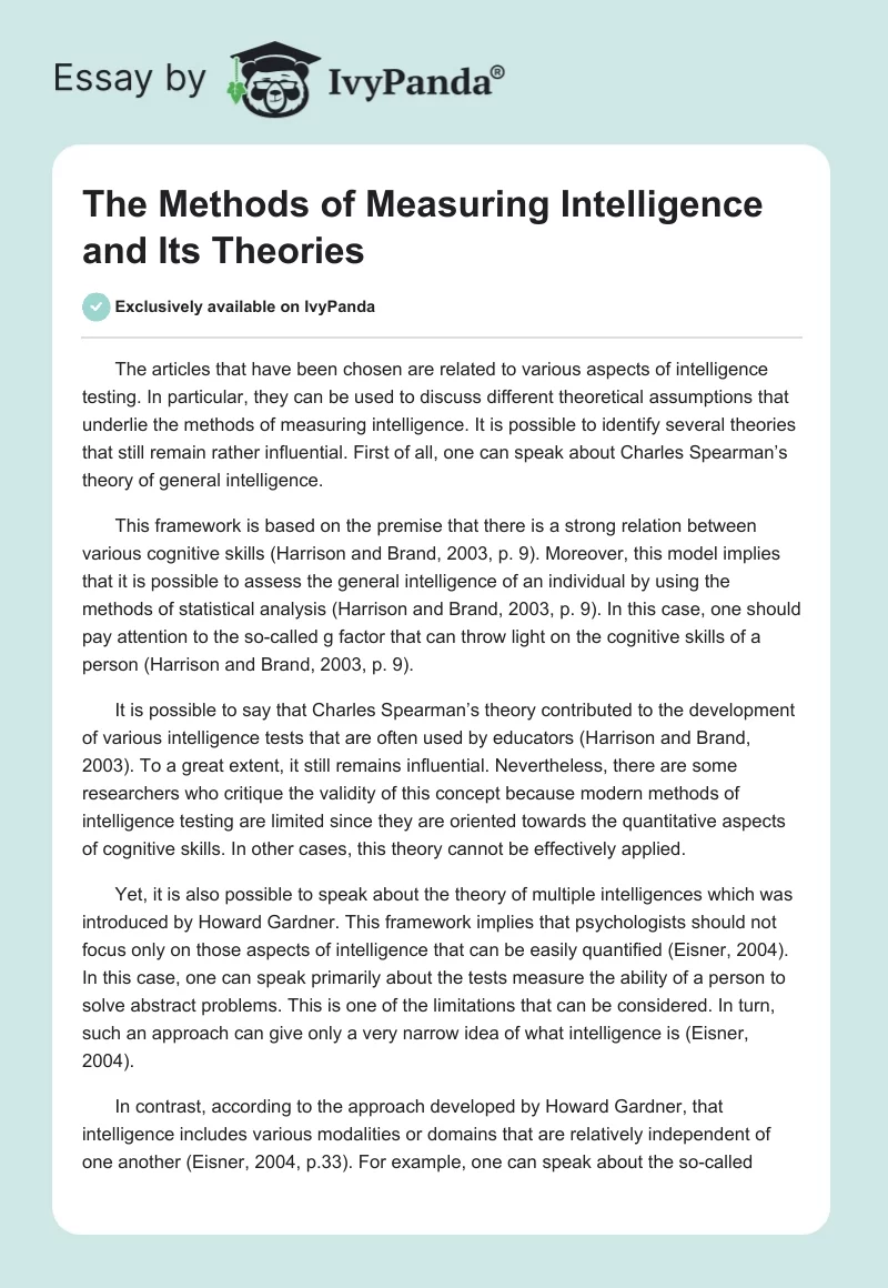 The Methods of Measuring Intelligence and Its Theories. Page 1