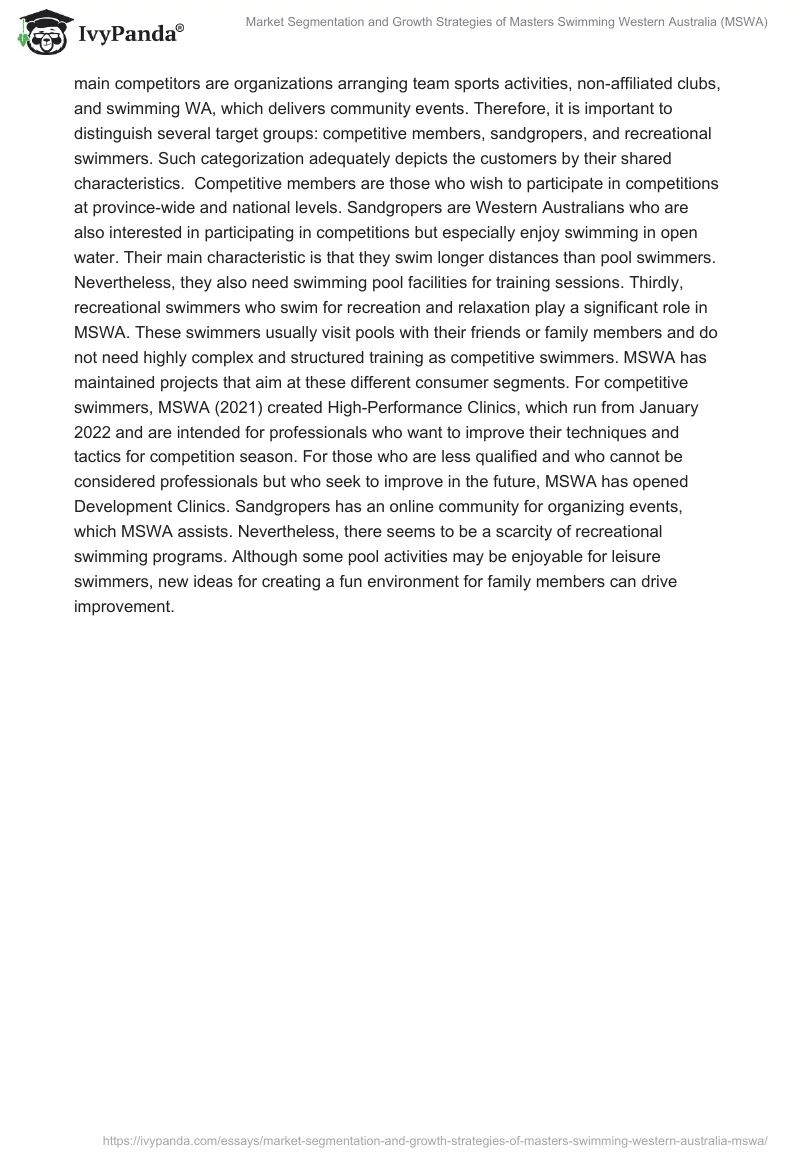 Market Segmentation and Growth Strategies of Masters Swimming Western Australia (MSWA). Page 2