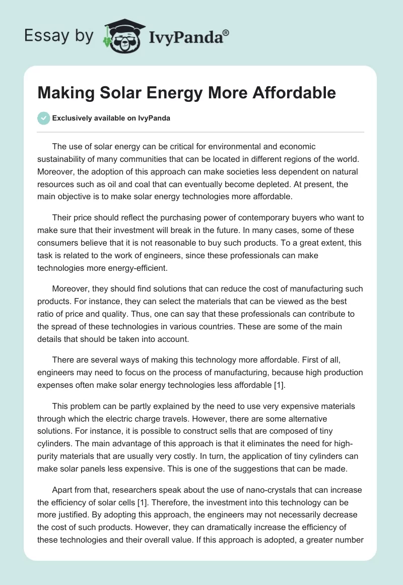 Making Solar Energy More Affordable. Page 1