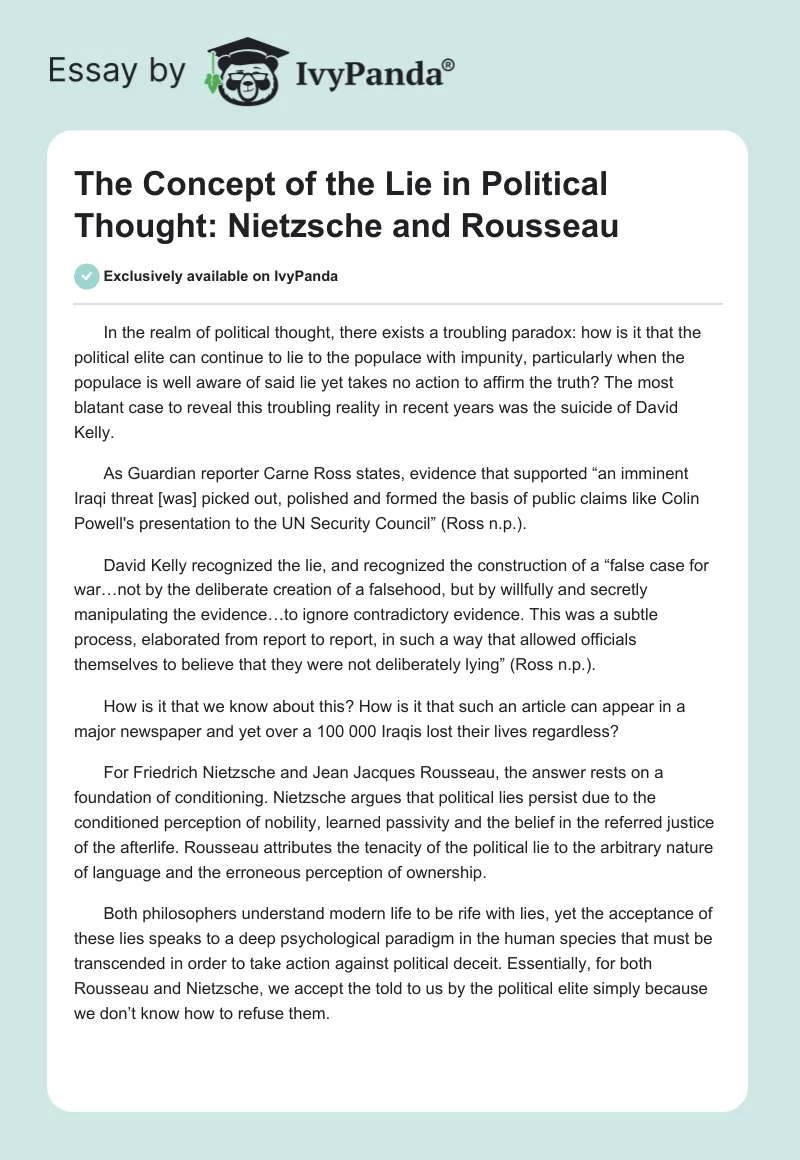 The Concept of the Lie in Political Thought: "Nietzsche and Rousseau". Page 1