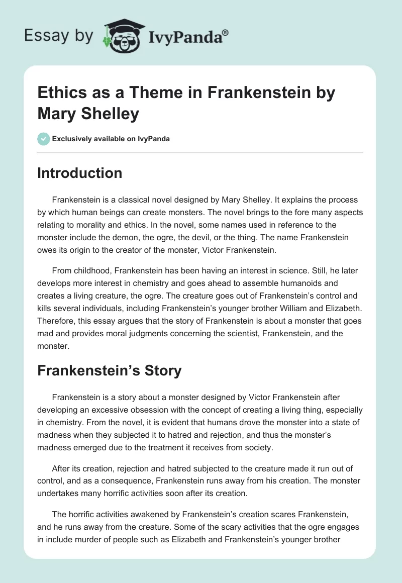 Ethics as a Theme in Frankenstein by Mary Shelley. Page 1