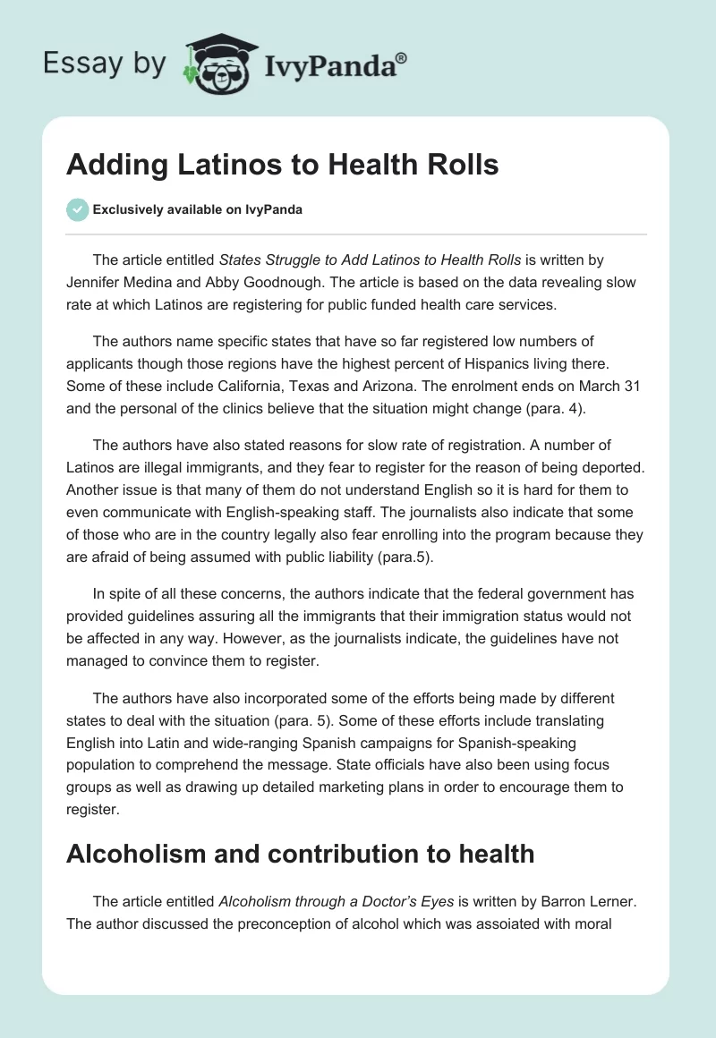 Adding Latinos to Health Rolls. Page 1