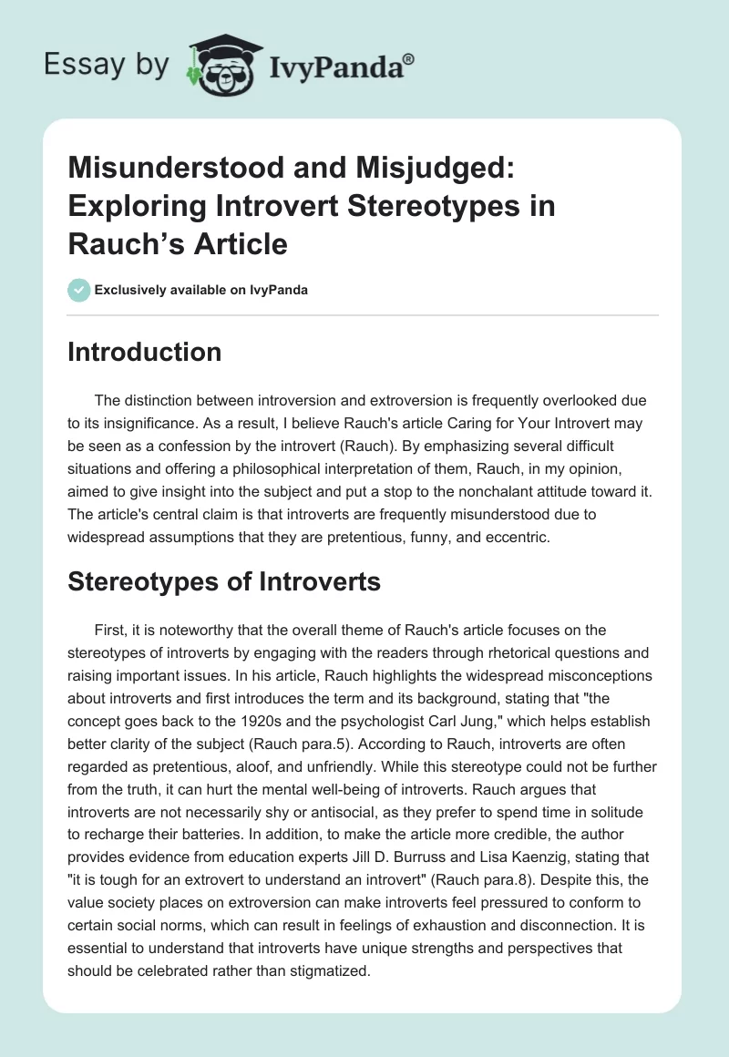 Misunderstood and Misjudged: Exploring Introvert Stereotypes in Rauch’s Article. Page 1