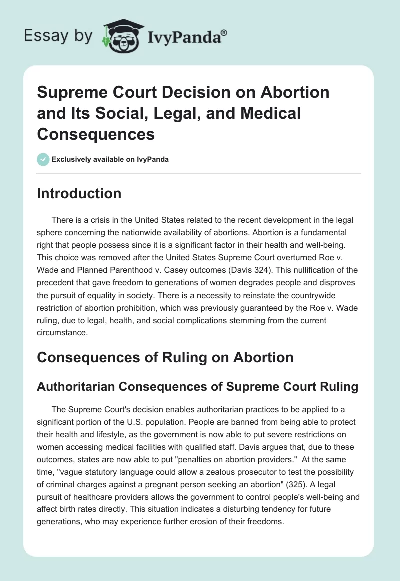 Supreme Court Decision on Abortion and Its Social, Legal, and Medical Consequences. Page 1