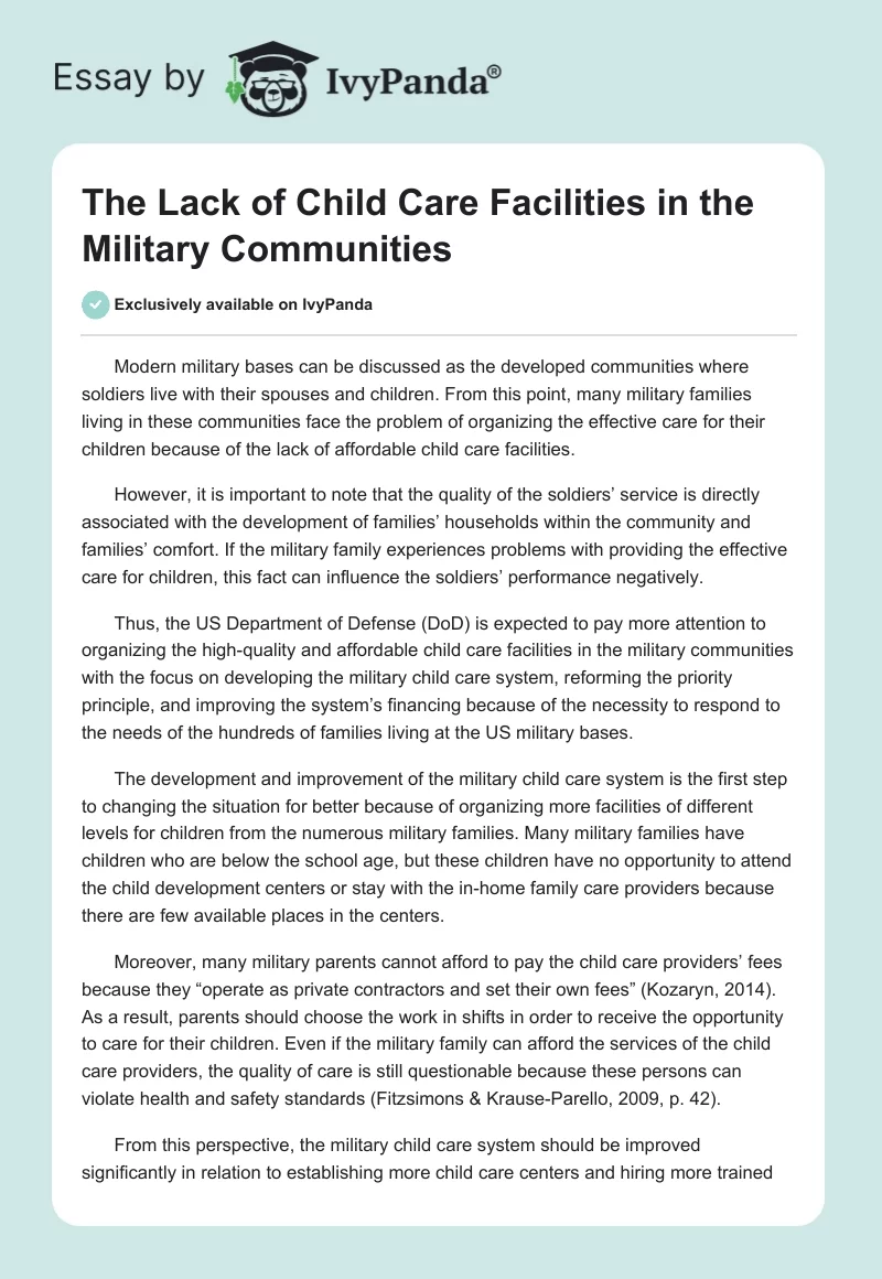The Lack of Child Care Facilities in the Military Communities. Page 1