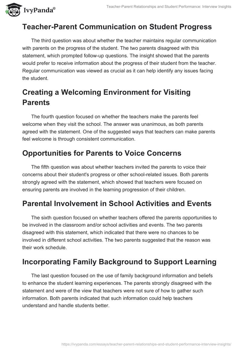 Teacher-Parent Relationships and Student Performance: Interview Insights. Page 2