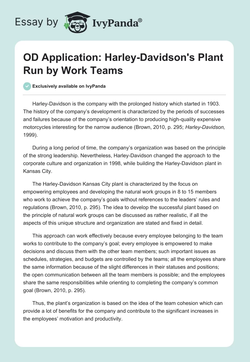 OD Application: Harley-Davidson's Plant Run by Work Teams. Page 1