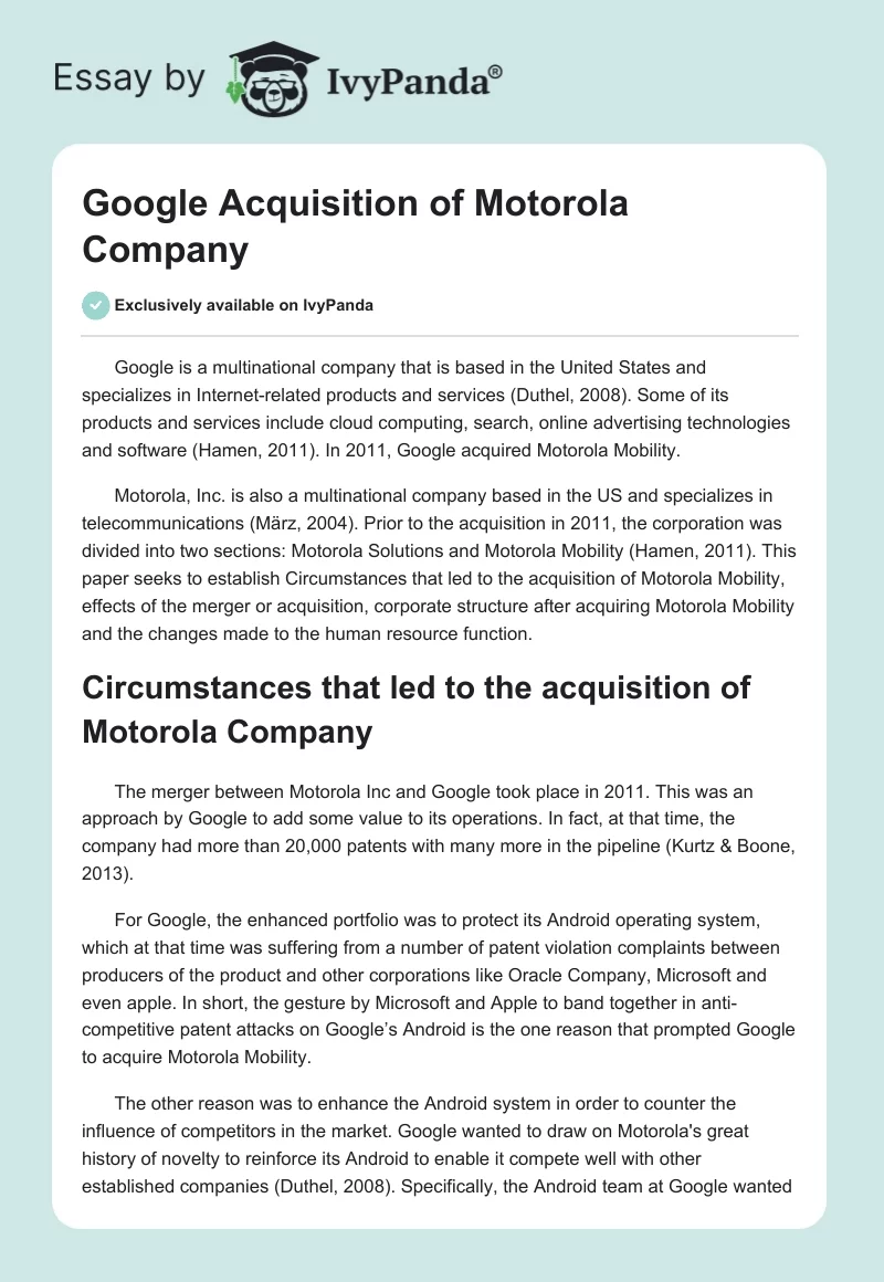 Google Acquisition of Motorola Company. Page 1
