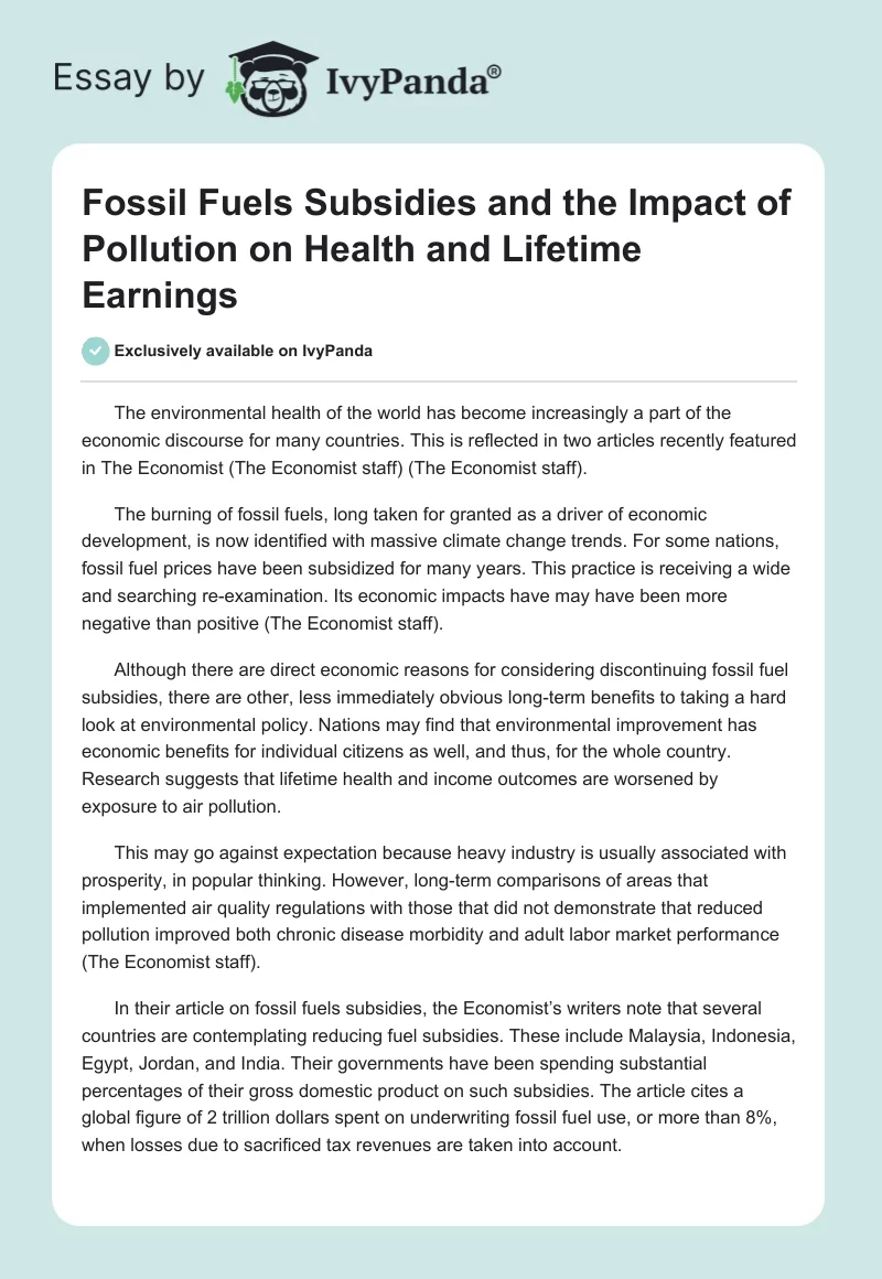 Fossil Fuels Subsidies and the Impact of Pollution on Health and Lifetime Earnings. Page 1
