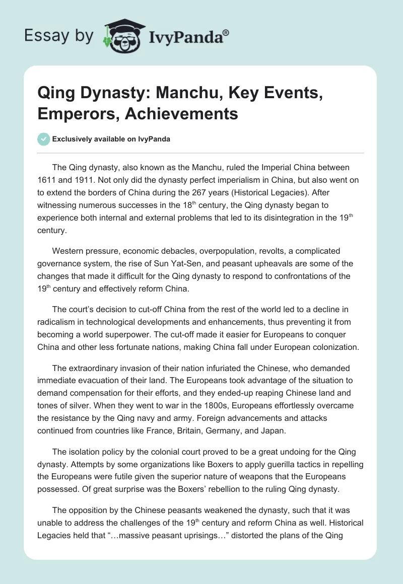 Qing Dynasty: Manchu, Key Events, Emperors, Achievements. Page 1