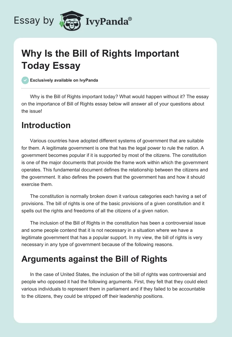 Why Is the Bill of Rights Important Today Essay. Page 1
