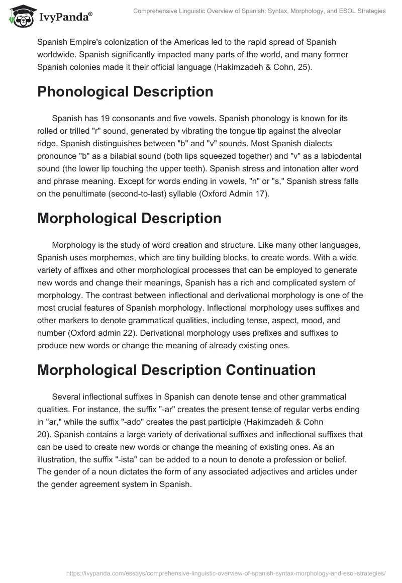 Comprehensive Linguistic Overview of Spanish: Syntax, Morphology, and ESOL Strategies. Page 2