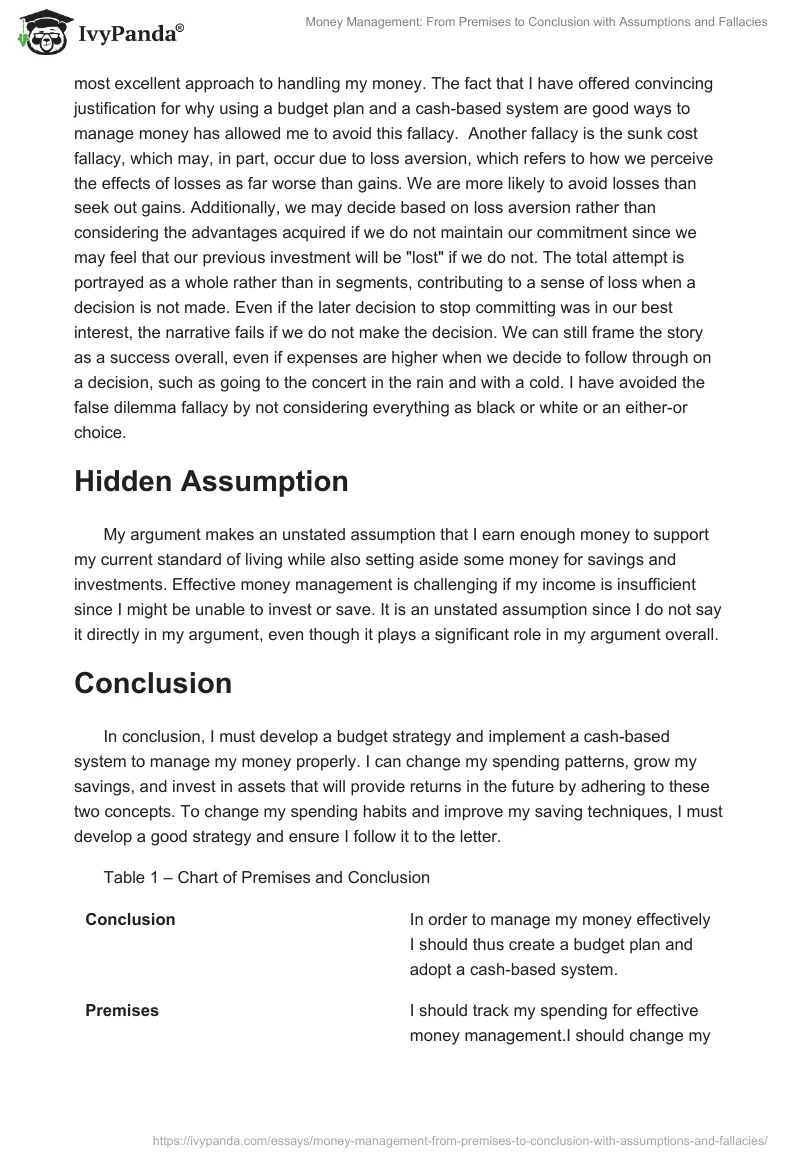 Money Management: From Premises to Conclusion with Assumptions and Fallacies. Page 2