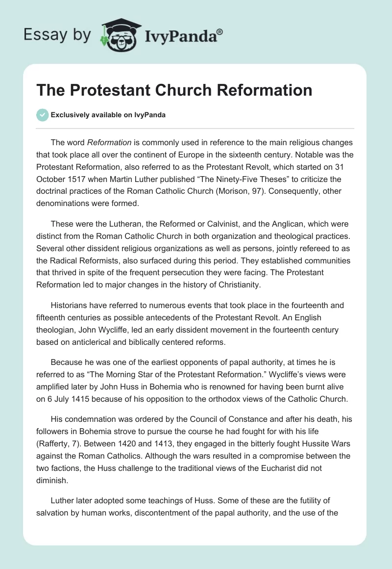 The Protestant Church Reformation. Page 1