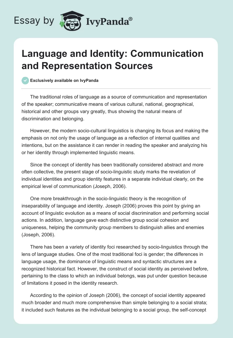 Language and Identity: Communication and Representation Sources. Page 1