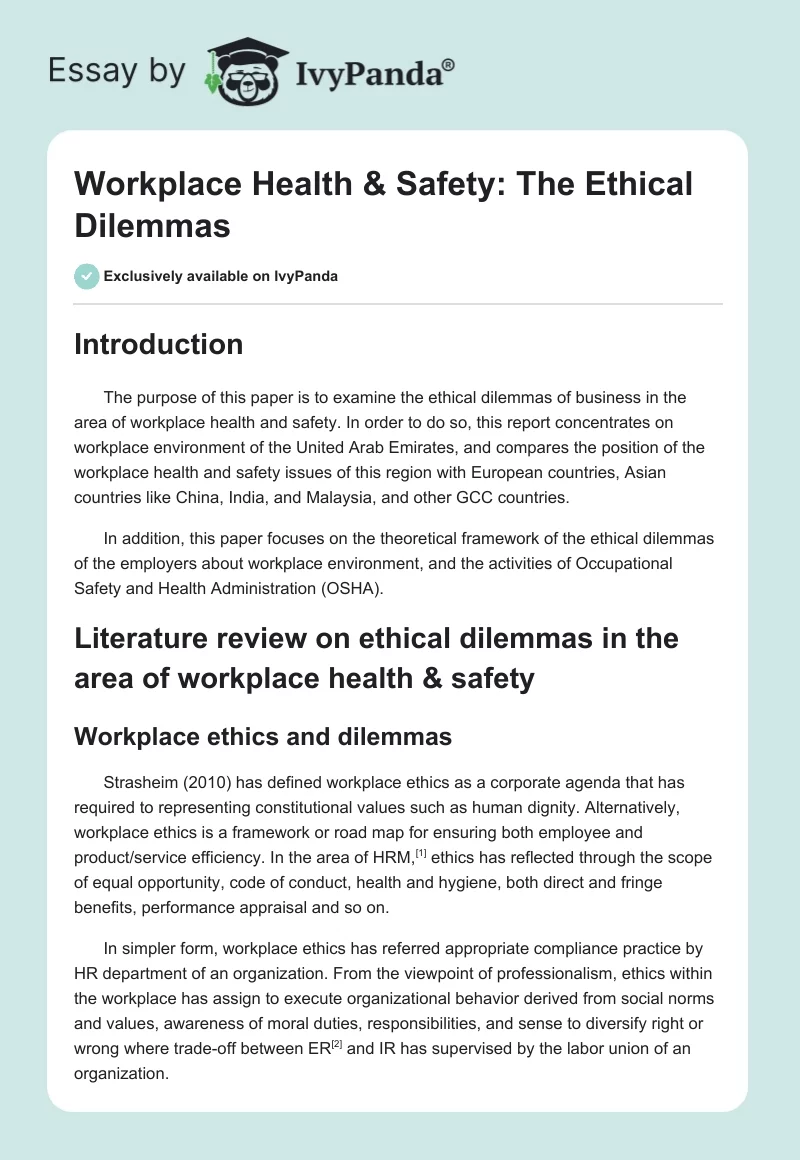Workplace Health & Safety: The Ethical Dilemmas. Page 1