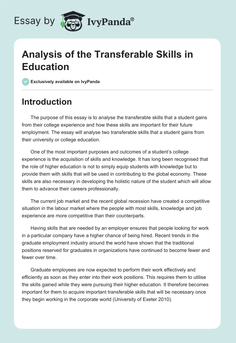 Analysis of the Transferable Skills in Education. Page 1