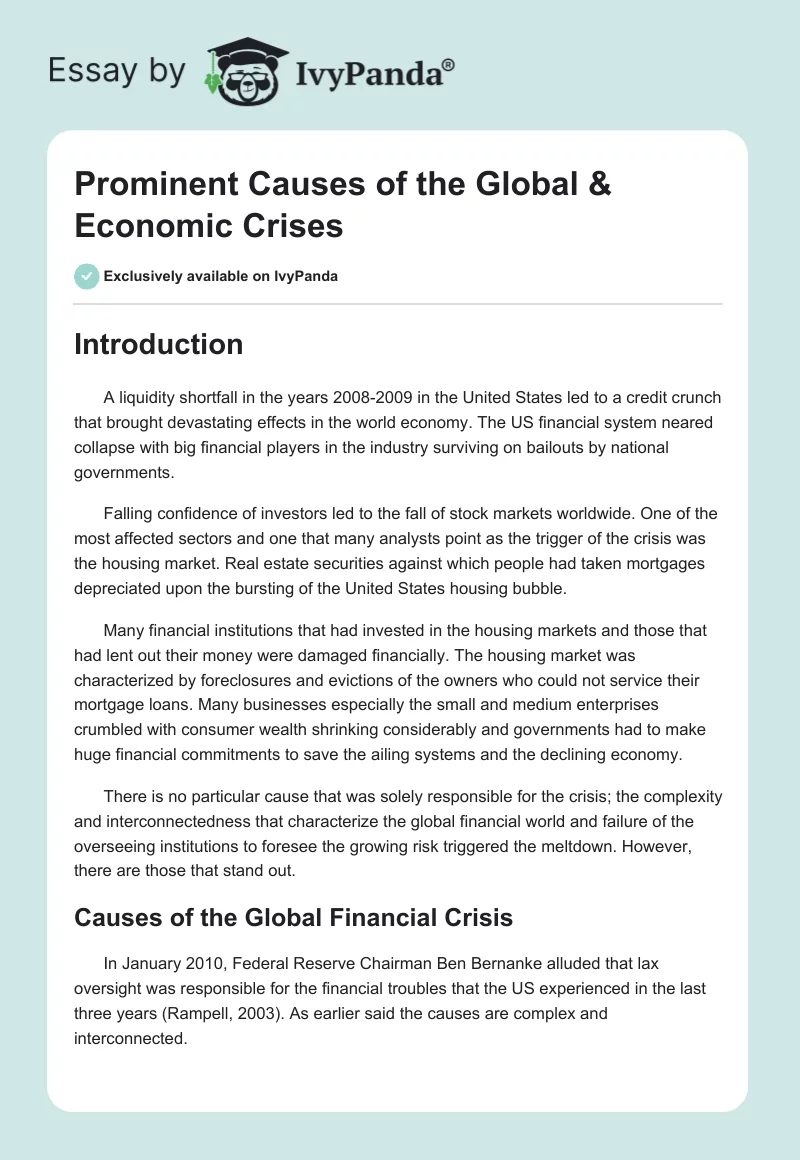 Prominent Causes of the Global & Economic Crises. Page 1