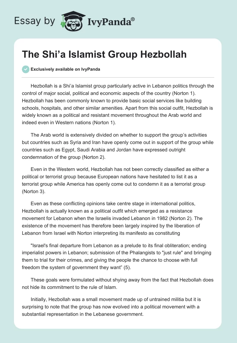 The Shi’a Islamist Group Hezbollah. Page 1