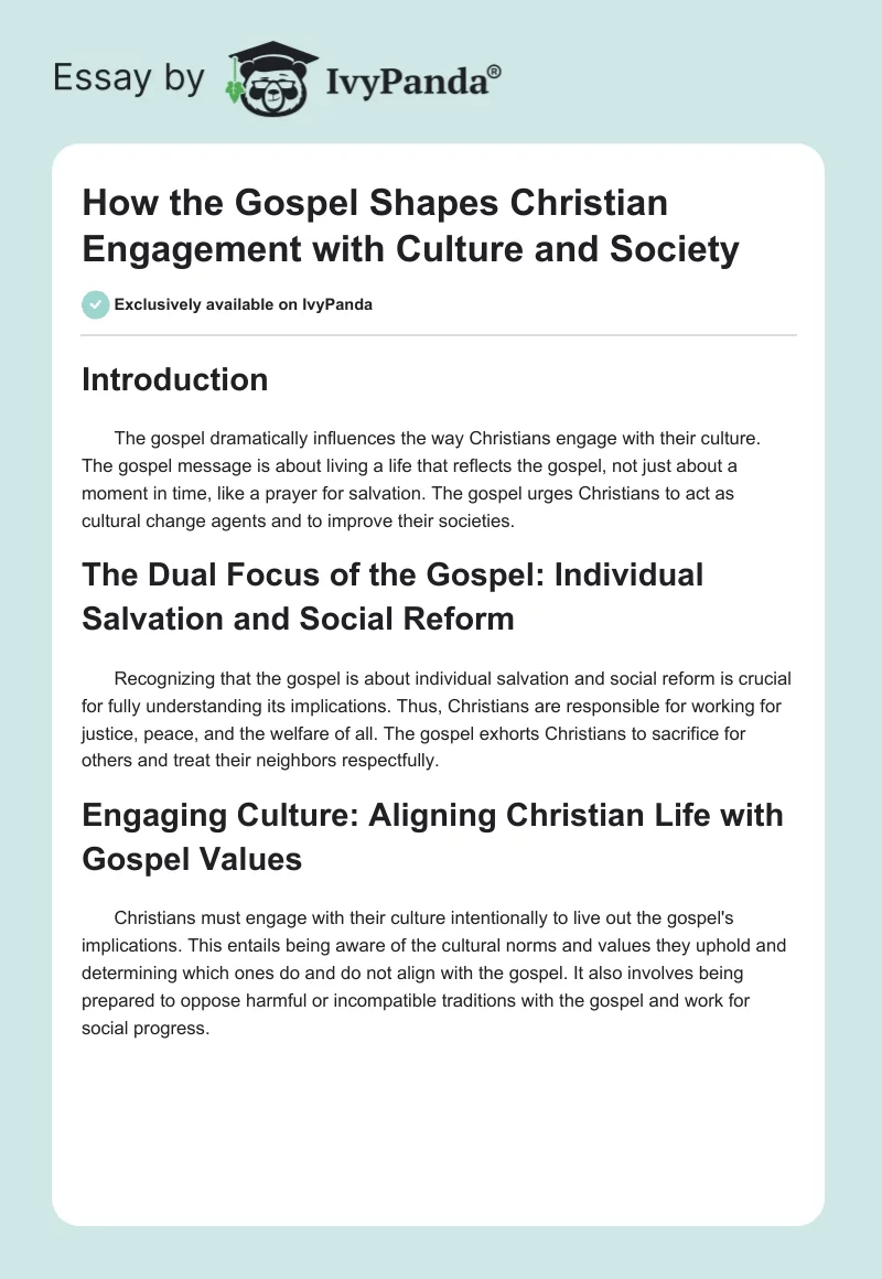 How the Gospel Shapes Christian Engagement with Culture and Society. Page 1