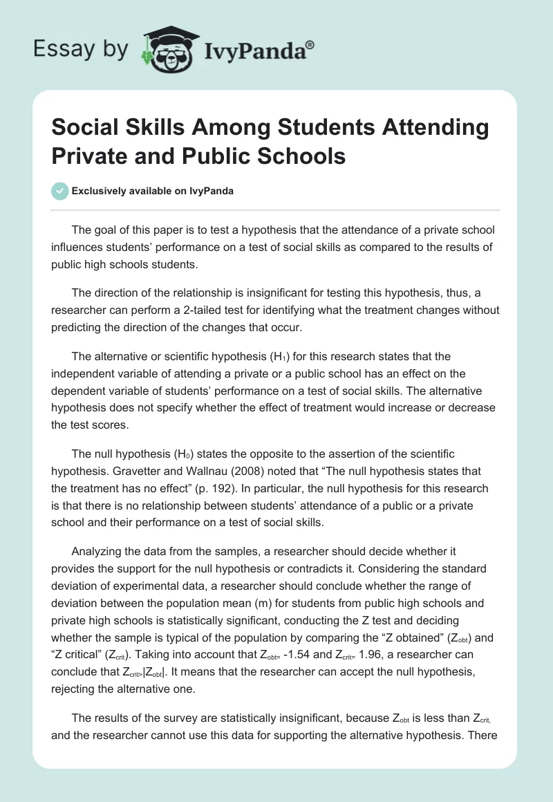 Social Skills Among Students Attending Private and Public Schools. Page 1
