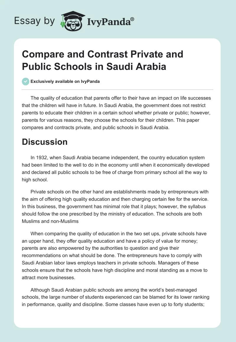 Compare and Contrast Private and Public Schools in Saudi Arabia. Page 1
