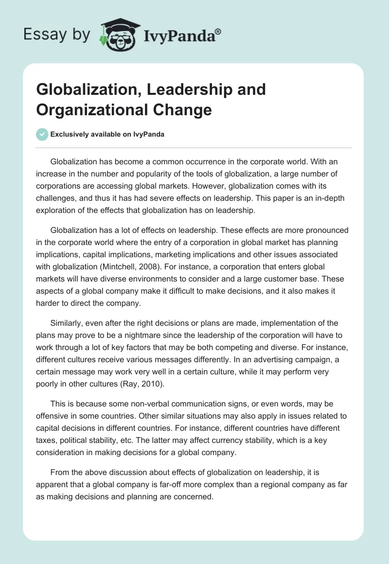 Globalization, Leadership and Organizational Change. Page 1