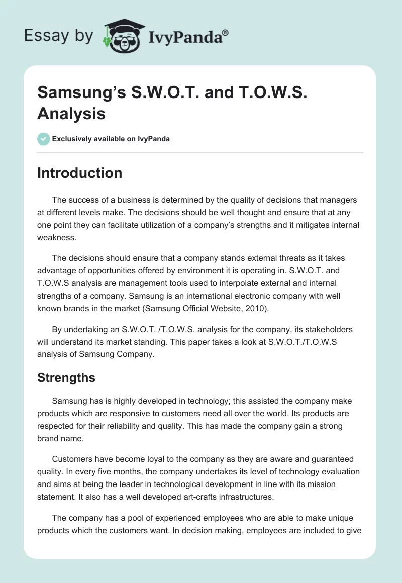Samsung’s S.W.O.T. and T.O.W.S. Analysis. Page 1