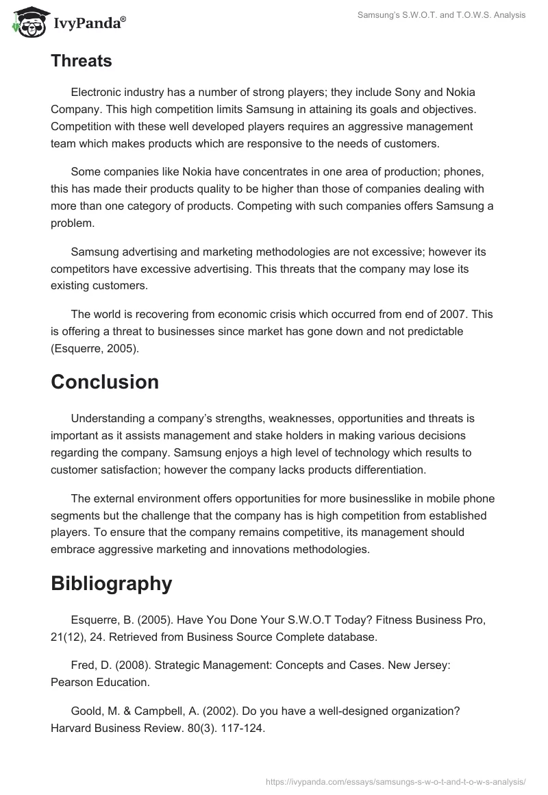 Samsung’s S.W.O.T. and T.O.W.S. Analysis. Page 3