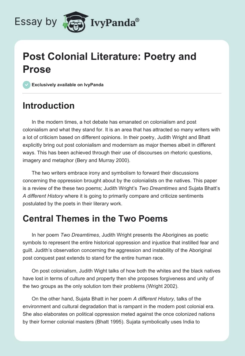 Post Colonial Literature: Poetry and Prose. Page 1