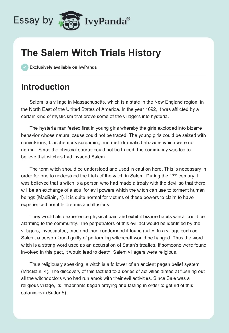 The Salem Witch Trials History. Page 1