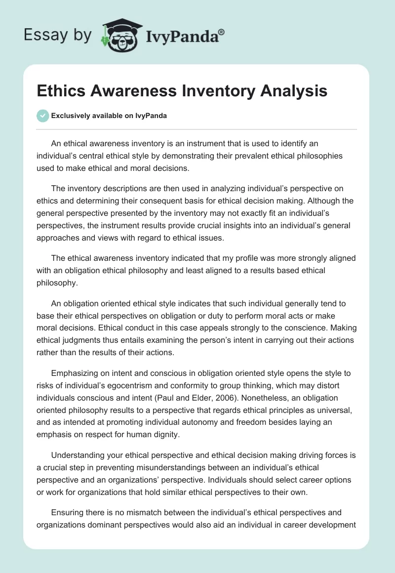Ethics Awareness Inventory Analysis. Page 1