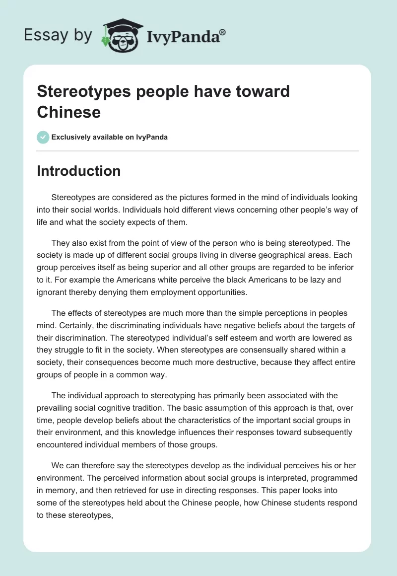 Stereotypes people have toward Chinese. Page 1