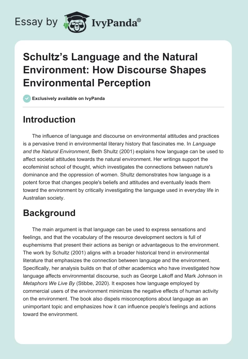 Schultz’s Language and the Natural Environment: How Discourse Shapes Environmental Perception. Page 1