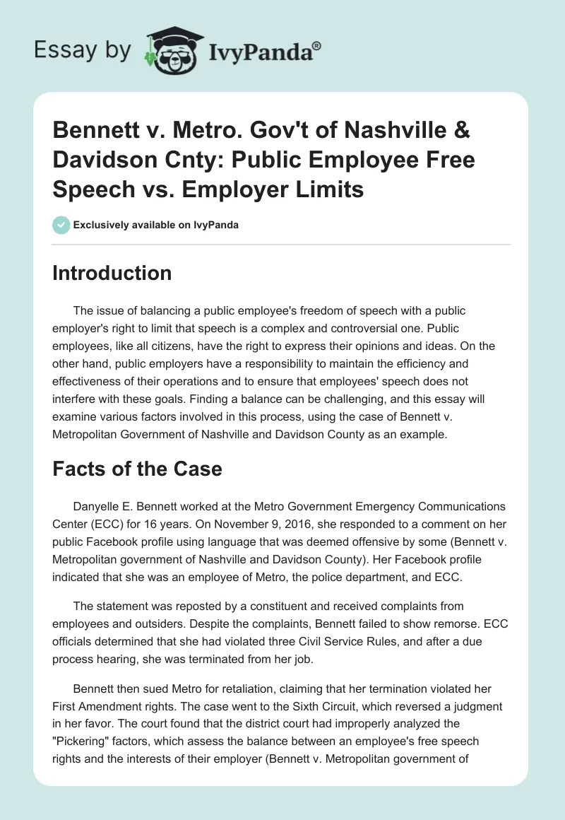 Bennett v. Metro. Gov't of Nashville & Davidson Cnty: Public Employee Free Speech vs. Employer Limits. Page 1