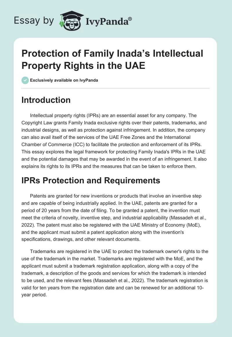 Protection of Family Inada’s Intellectual Property Rights in the UAE. Page 1