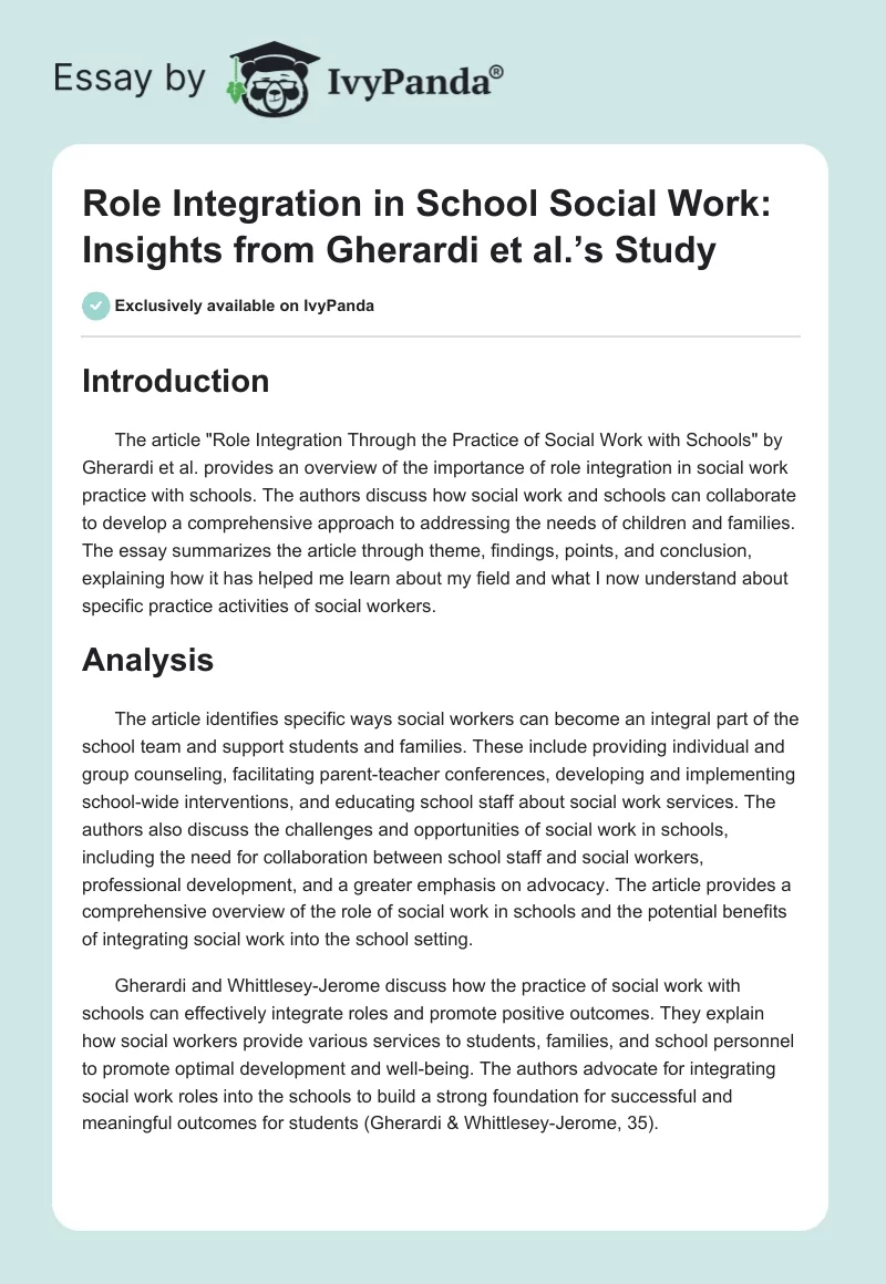 Role Integration in School Social Work: Insights from Gherardi et al.’s Study. Page 1