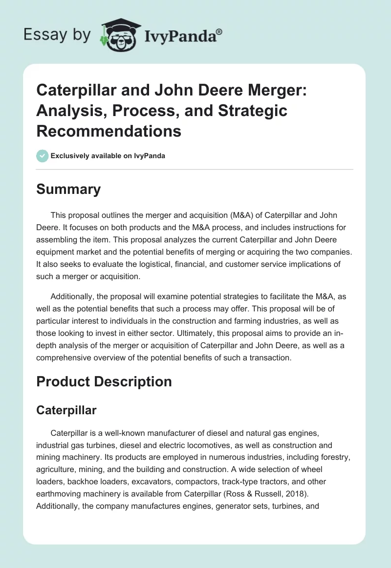 Caterpillar and John Deere Merger: Analysis, Process, and Strategic Recommendations. Page 1