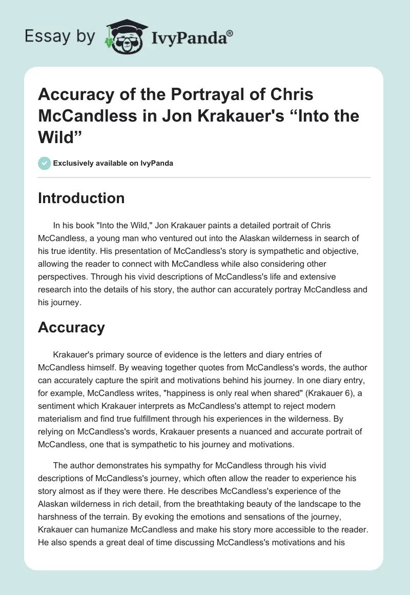 Accuracy of the Portrayal of Chris McCandless in Jon Krakauer's “Into the Wild”. Page 1