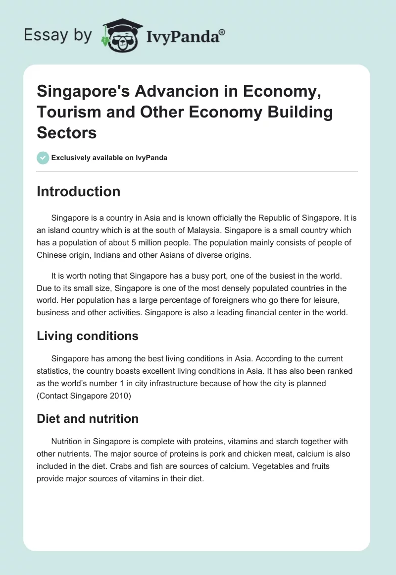 Singapore's Advancion in Economy, Tourism and Other Economy Building Sectors. Page 1