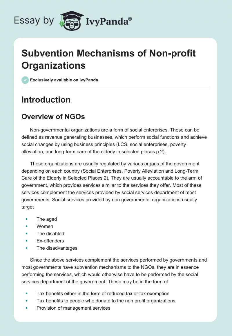 Subvention Mechanisms of Non-profit Organizations. Page 1