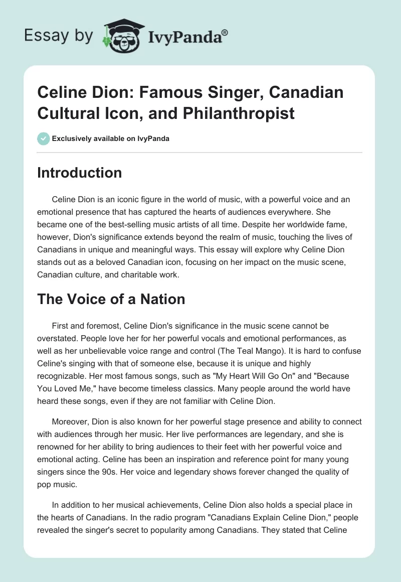 Celine Dion: Famous Singer, Canadian Cultural Icon, and Philanthropist. Page 1
