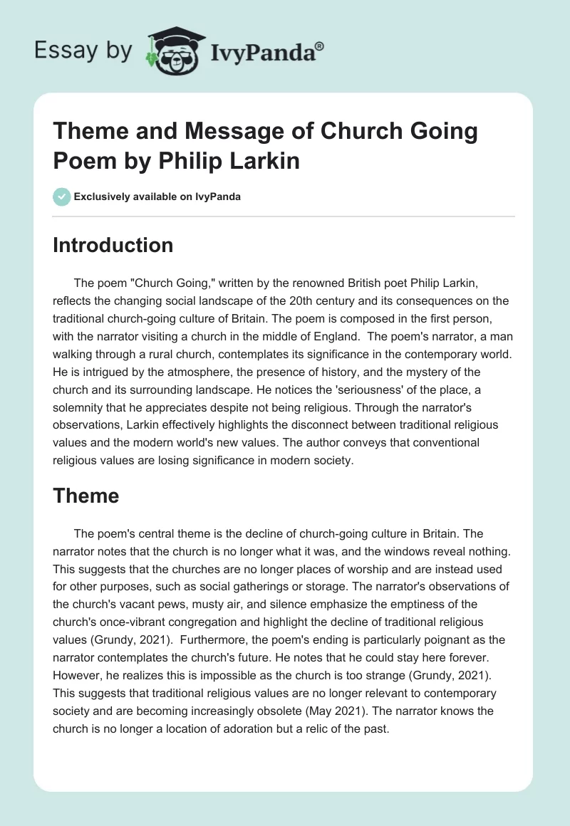 Theme and Message of "Church Going" Poem by Philip Larkin. Page 1