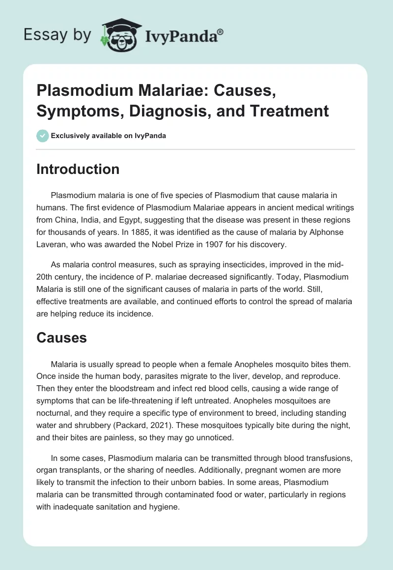 Plasmodium Malariae: Causes, Symptoms, Diagnosis, and Treatment. Page 1