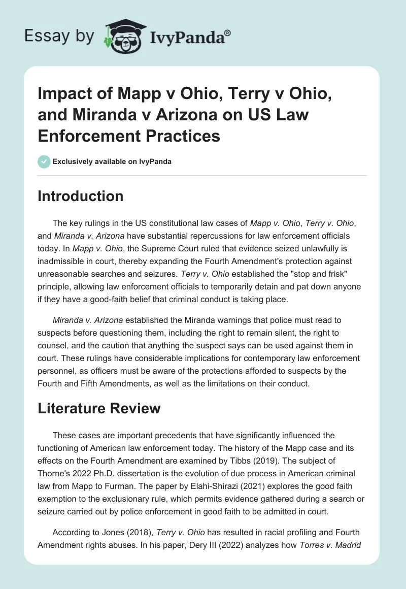 Impact of Mapp v Ohio, Terry v Ohio, and Miranda v Arizona on US Law Enforcement Practices. Page 1