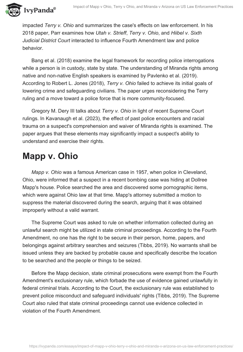 Impact of Mapp v Ohio, Terry v Ohio, and Miranda v Arizona on US Law Enforcement Practices. Page 2