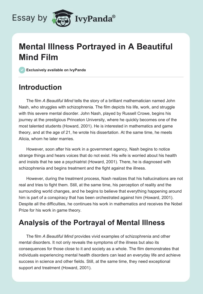 Mental Illness Portrayed in "A Beautiful Mind" Film. Page 1