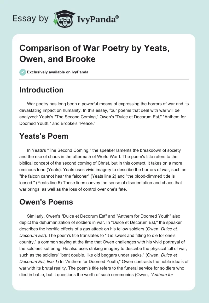 Comparison of War Poetry by Yeats, Owen, and Brooke. Page 1