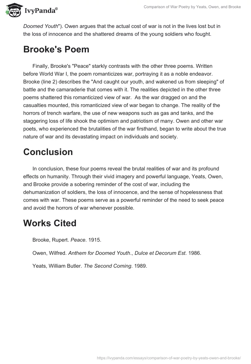 Comparison of War Poetry by Yeats, Owen, and Brooke. Page 2