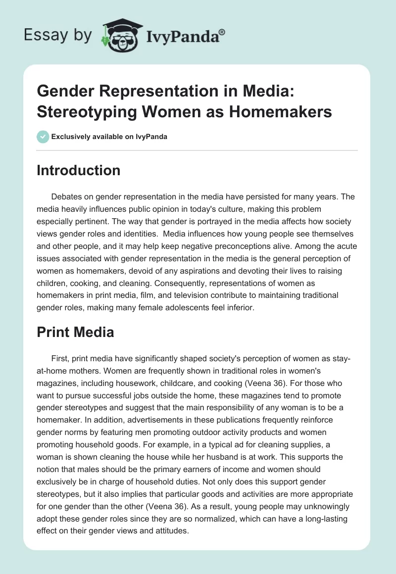 Gender Representation in Media: Stereotyping Women as Homemakers. Page 1